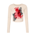 Beige long-sleeve shirt with graphic design and text on a white background