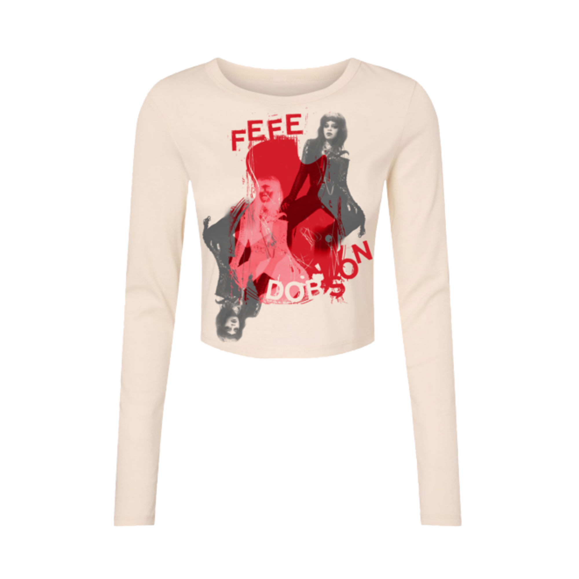 Beige long-sleeve shirt with graphic design and text on a white background