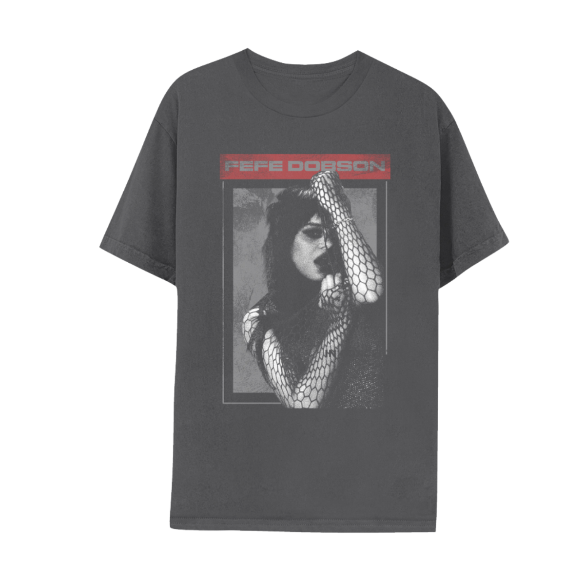 Gray t-shirt with graphic design and 'Fefe Dobson' text 